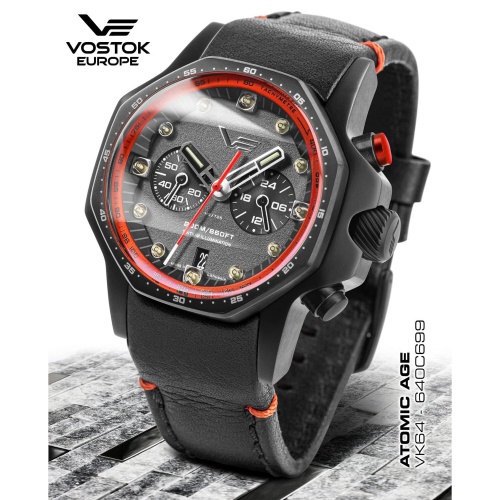 Vostok Europe VK64-​640C699 Herren Armbanduhr Atomic Age Chronograph, Leder / Silikonband