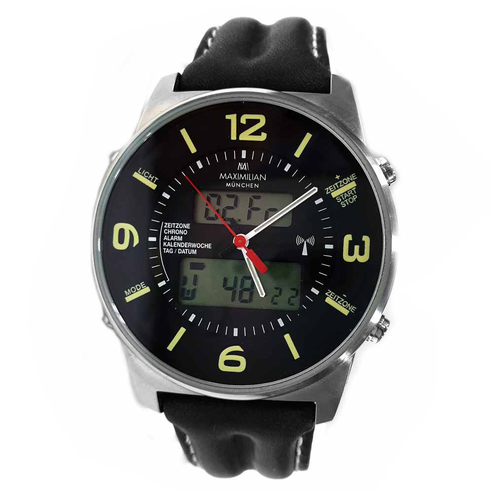 Maximilian 5402-3 Funkuhr Ana-Digi Analog-Digital Herrenamrbanduhr Chrono Alarm Tag-Datum