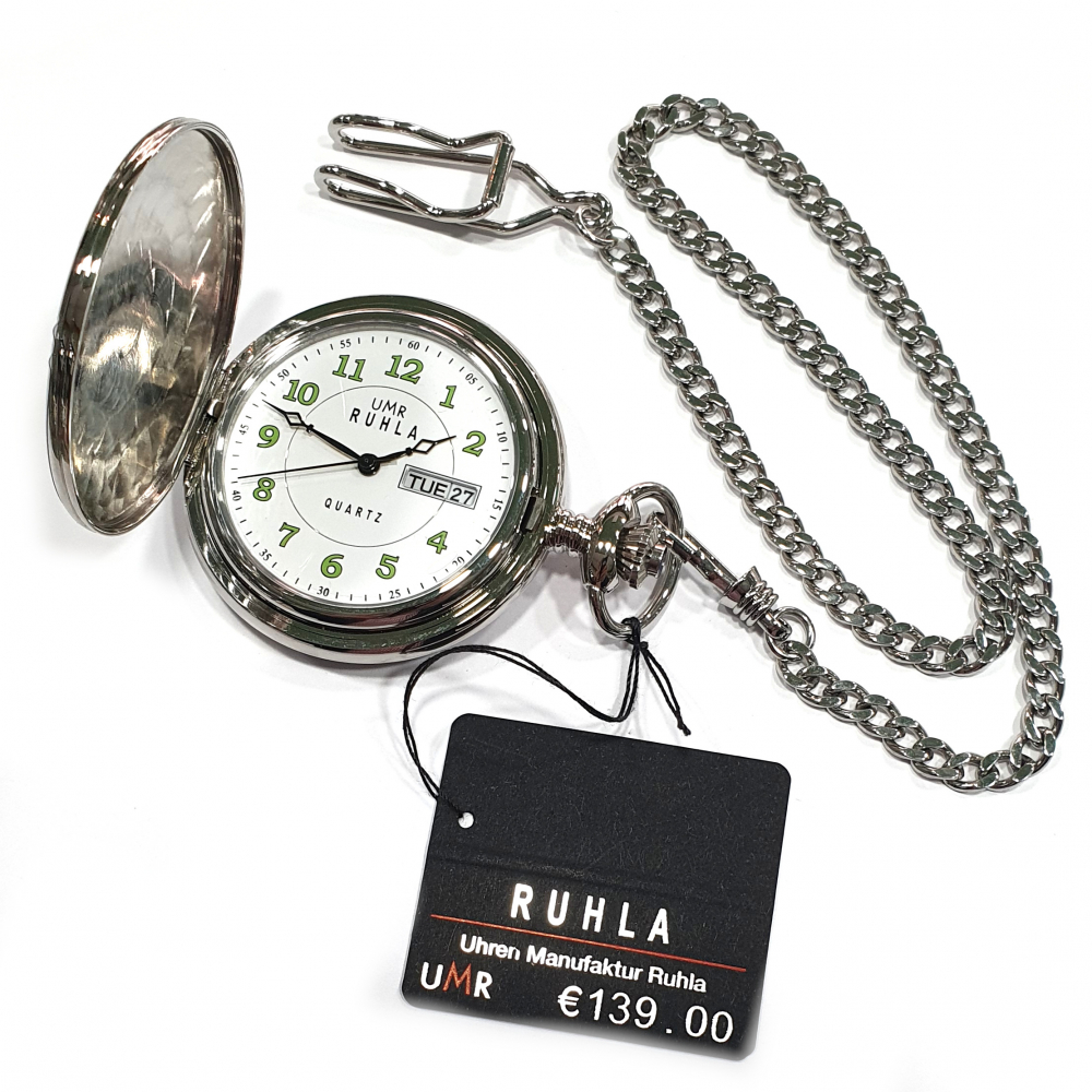 RUHLA TU 8696-3 Taschenuhr mit Sprungdeckel, Day-Date, mit Kette